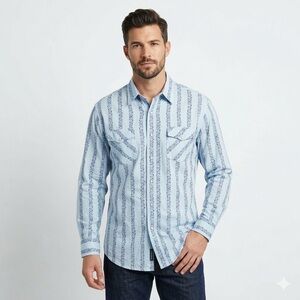 ODO Western Pearl Snap Cotton Shirt Floral Stripe Pattern Large Blue 90s Vintage